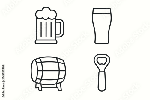 Beer icons: mug, pint glass, barrel, and bottle opener designs