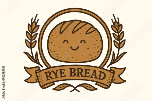 Cute smiling rye bread cartoon emblem with wheat decoration