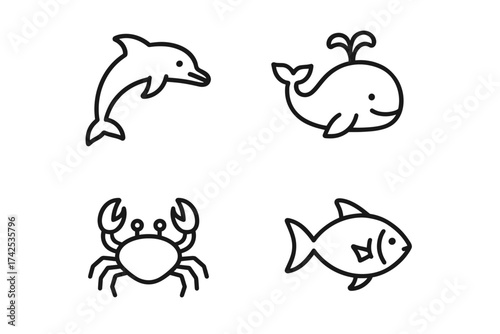 Simple outline illustrations of dolphin whale crab and fish icons
