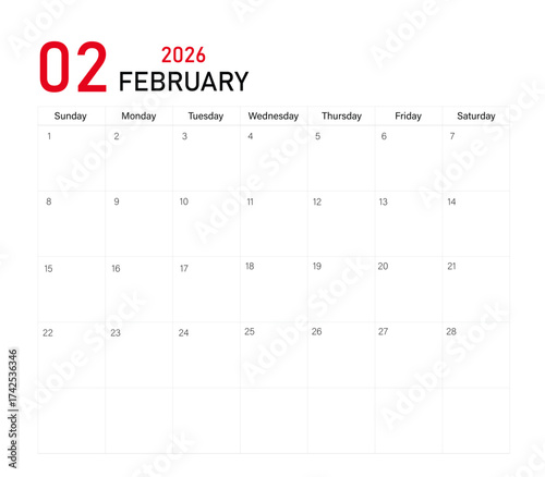 February month calendar layout of 2026 | Monthly diary planner in 2026 | Monthly calendar template for 2026 year | Wall calendar in a minimalist style with black and red font color