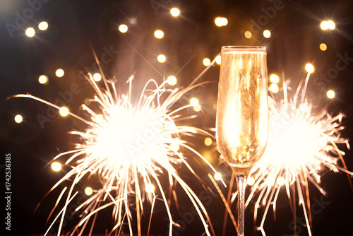  Jahreswechsel Sektglas mit Feuerwerk 