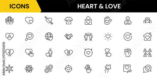 Heart, love, charity, and donation outline icons are set isolated on a white background in a flat vector illustration.