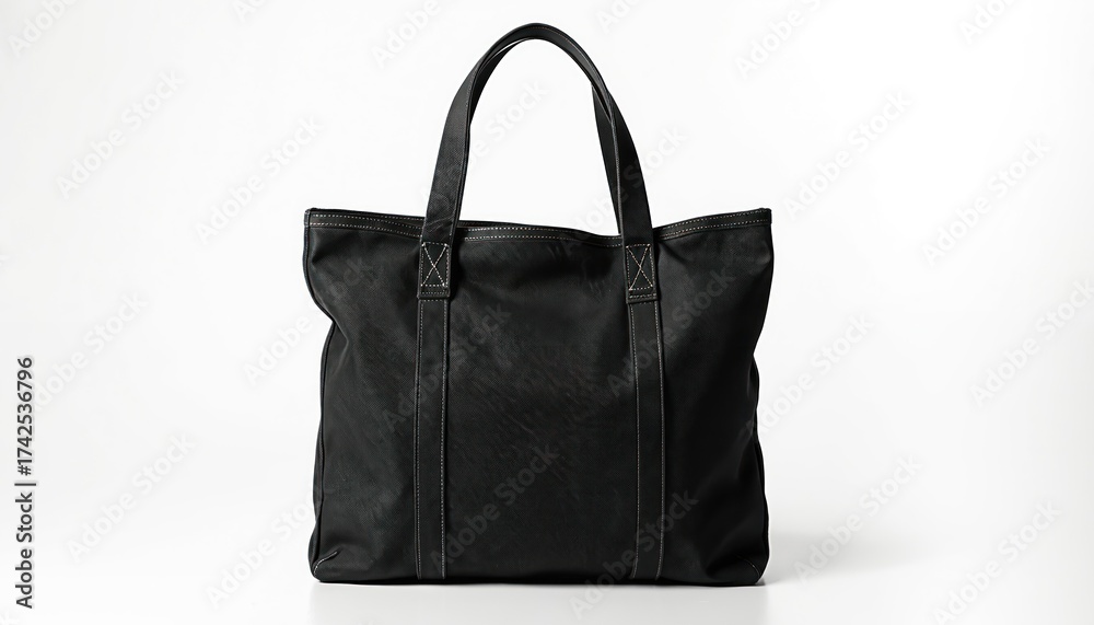 Naklejka premium Black eco tote bag lies on white backdrop. Blank shopping bag with short handles for merchandise. Fashionable textile handbag for customer carrying stuff. Reusable canvas accessory for retail sale.