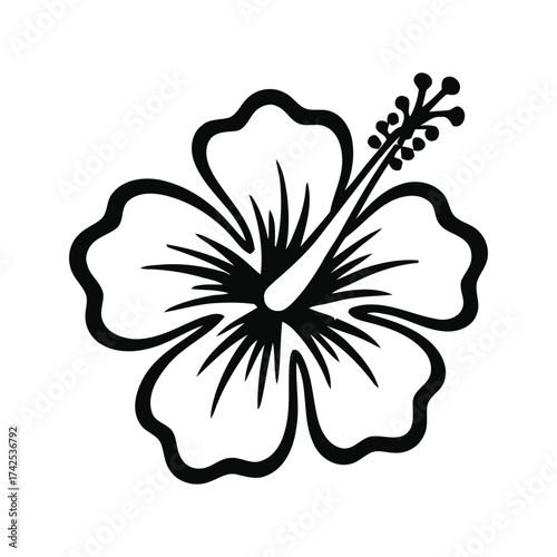 A black and white graphic illustration of a hibiscus flower with detailed stamen and petals design vector