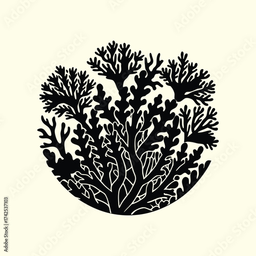 Stylized lichen or seaweed graphic, complex organic silhouette in a circular monochrome logo or emblem design.