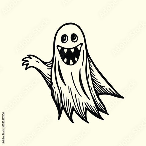 Funny Ghost Character in Vintage Hand Drawn Style for Halloween