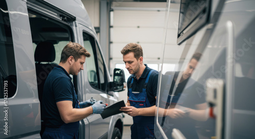 Two mechanics discussing maintenance checklist in RV repair shop  