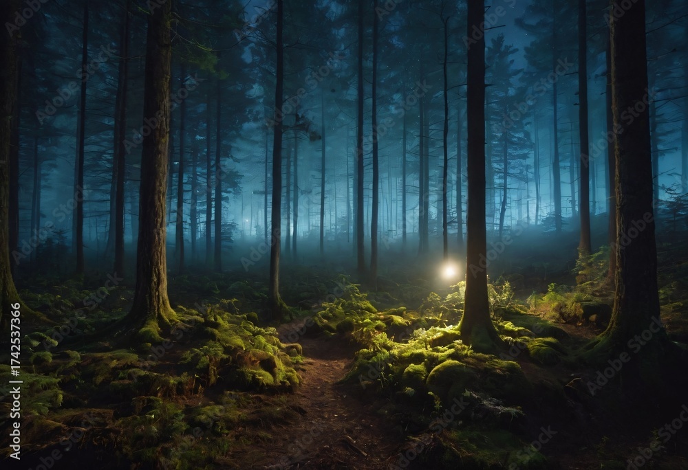 Naklejka premium Mystical Forest at Twilight: An enchanting forest bathed in the soft glow of twilight, with ancient trees standing tall amidst an atmosphere of tranquility and mystery. Ai generated image