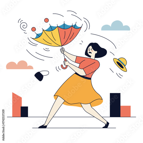 Funny vector illustration of a woman struggling with strong wind and umbrella, retro minimal flat design for lifestyle or weather concepts