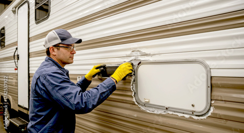 Man repairing RV exterior by sealing window area with caulk  