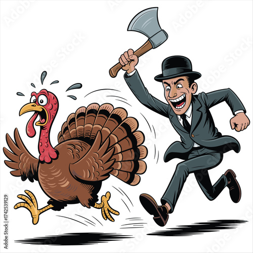 Man with axe chases frightened turkey festive holiday humor cartoon art