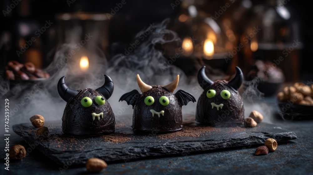 Fototapeta premium Three spooky chocolate monster cakes with green eyes horns and wings are the perfect Halloween treats for a festive and fun celebration