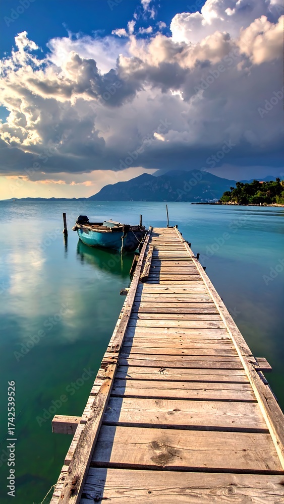 Fototapeta premium Wooden pier extends into calm, turquoise waters under a cloudy sky
