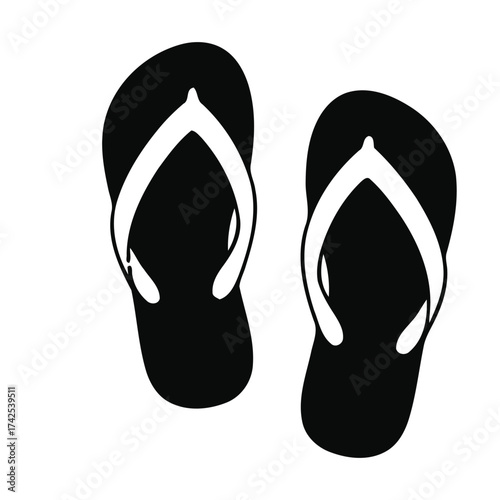 A graphic illustration of two black flip flops with white straps on a plain white background design art vector illustration
