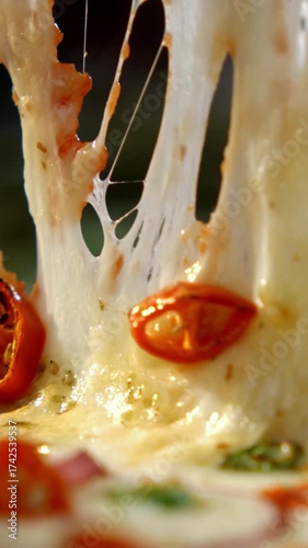 Vertical video of close-up of a person taking a slice of hot vegetarian pizza with mushrooms, red onion, and chili peppers, showcasing the incredible melted mozzarella cheese stretching in slow motion