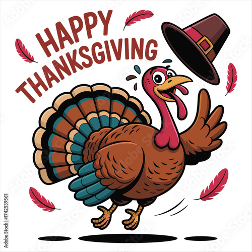 Joyful cartoon turkey celebrates happy thanksgiving day with feathers and hat