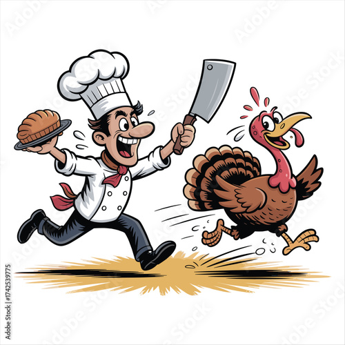 Excited chef chases running turkey holding pie and cleaver cartoon fun
