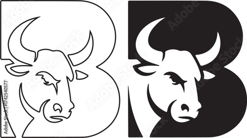 Ferocious Bull Head Integrated into Letter B Vector Logo