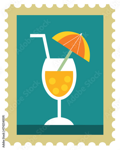 Vector art of a refreshing orange juice cocktail with a straw and umbrella, presented as a postage stamp