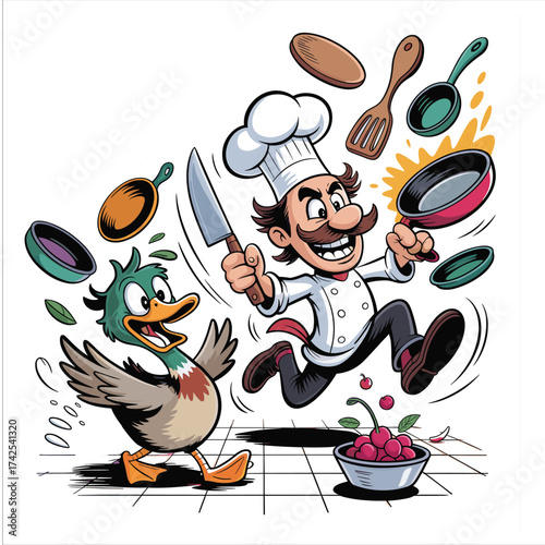 Whimsical cartoon chef chasing a duck with flying pans and utensils in a kitchen scene