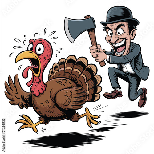 Scared cartoon turkey running from man with axe funny thanksgiving holiday cartoon