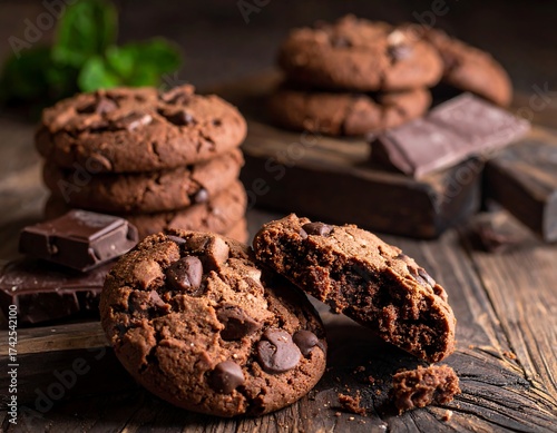Freshly baked chocolate chip cookies on a wooden surface