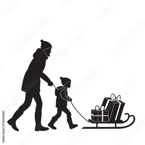 Vector parent and child pulling a sled with gifts, isolated on white background
