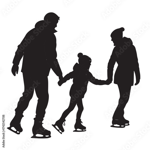 Vector silhouette of a family ice skating together, holding hands, isolated on white background
