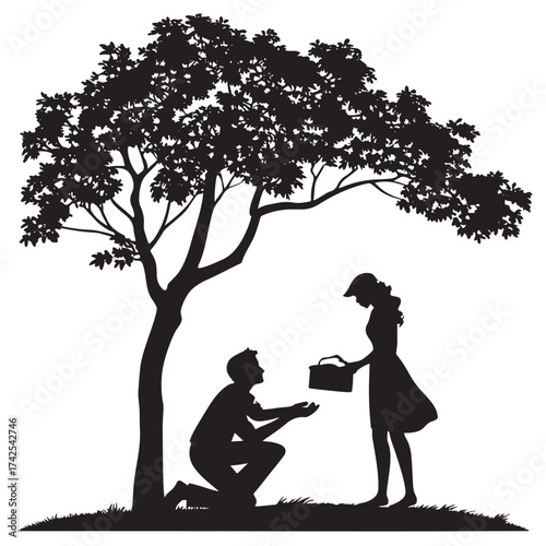 Vector silhouette of a man proposing to a woman under a tree, offering a gift, isolated on white background