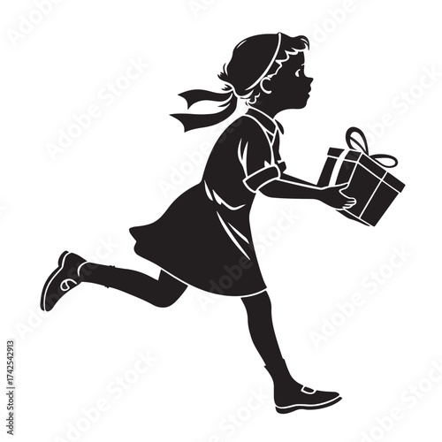 Vector silhouette of a young girl running with a gift isolated on white background