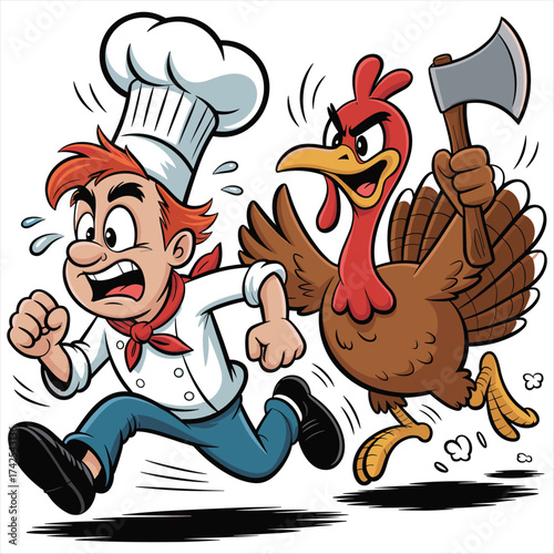 Chef flees angry turkey with axe cartoon funny holiday thanksgiving illustration food preparation danger