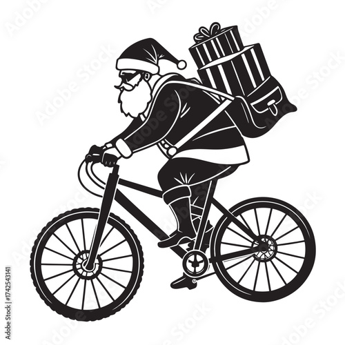 Vector silhouette of santa claus riding a bicycle with gifts, isolated on white background