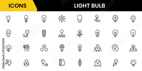 Light bulb idea line icons. Vector electric energy lamps and lightbulbs isolated outline symbols for creative solution, idea, innovation and inspiration concept.