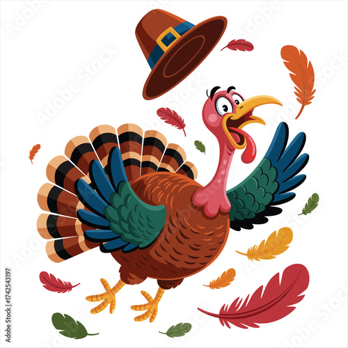 Playful cartoon turkey wearing a pilgrim hat celebrates autumn and thanksgiving with falling feathers
