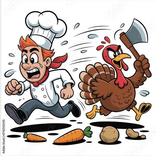 Cartoon chef running from angry turkey holding axe thanksgiving dinner theme