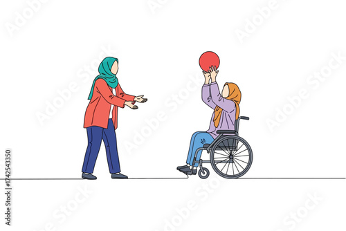 Vector art of a woman in a hijab helps a girl in a wheelchair play with a ball