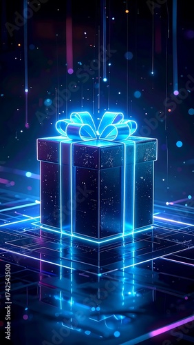 Neon gift box on digital platform