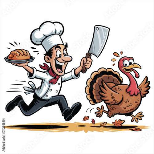 Cartoon chef chasing a turkey with a cleaver and pie in a humorous scene