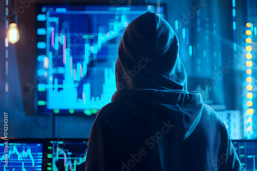 Digital Shadow: A hooded figure, silhouetted against a backdrop of illuminated financial charts, embodies the enigmatic nature of data and the digital realm.