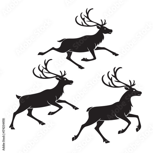 Vector three black silhouettes of running reindeer with large antlers, isolated on white background