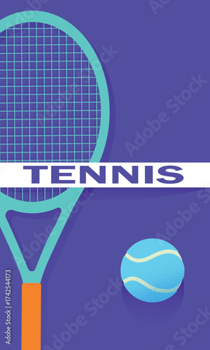 Fitness, healthy lifestyle, racket sports, flat illustration of a tennis racket, ball, and lettering, outdoor recreation concept. Sports decor, tennis club, training, outdoor training, championship