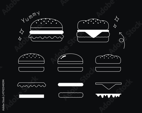 黒板にチョークで描いたようなハンバーガーの線画イラストセット｜飲食店やカフェメニューに使えるベクター素材