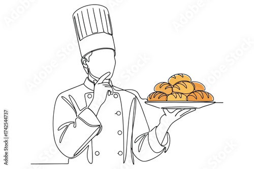 Vector art of continuous line drawing of chef holding plate of bread, showcasing culinary skill