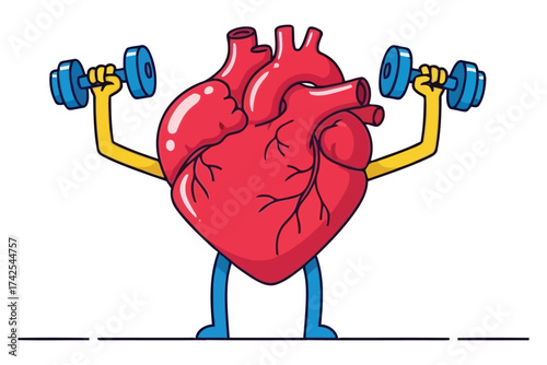 Vector art of cartoon heart lifting dumbbells, promoting cardiovascular health and fitness