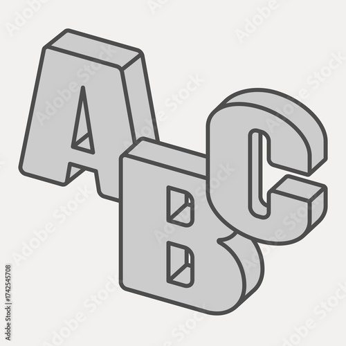 Three letters ABC isometric icon, alphabet concept. Vector graphics. Education sign and editable stroke, outline style icon for mobile or web design.