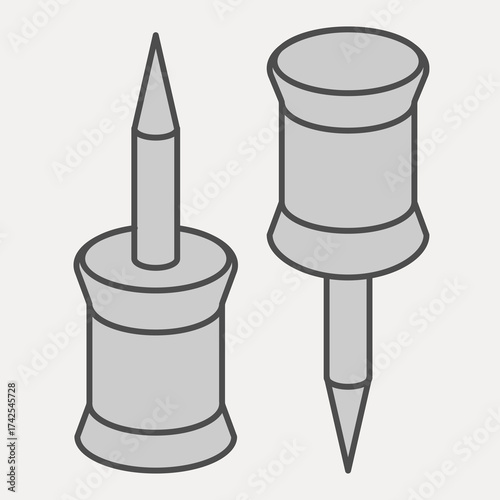 Pinning buttons for paper isometric icon, stationery concept. Vector graphics. Two pushpins sign and editable stroke, outline style icon for mobile or web design.
