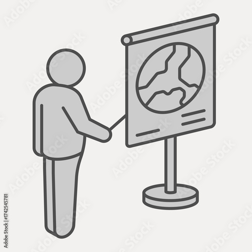 Teacher man explains map isometric icon, education concept. Vector graphics. Geography sign and editable stroke, outline style icon for mobile or web design.