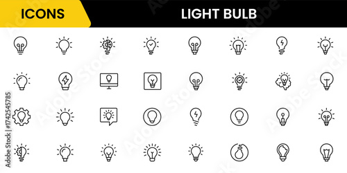 Light bulb idea line icons. Vector electric energy lamps and lightbulbs isolated outline symbols for creative solution, idea, innovation and inspiration concept.