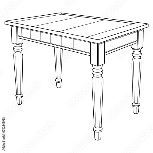 Classic wooden dining table with turned legs and paneled apron in a clean line drawing style