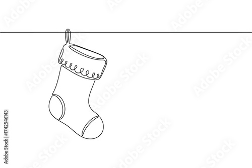 Vector art of christmas stocking hanging on a line in a continuous line drawing style